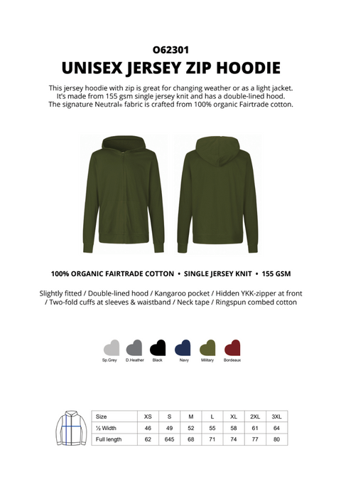 FAIRTRADE ORGANIC UNISEX JERSEY ZIP HOODIE NEUTRAL® O62301