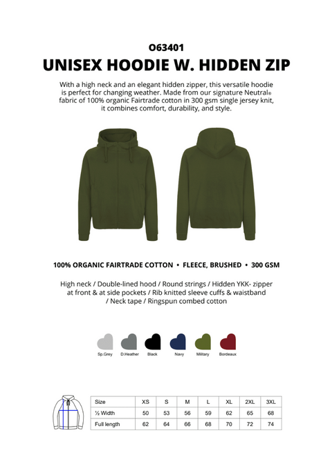 FAIRTRADE ORGANIC UNISEX HOODIE W. HIDDEN ZIP NEUTRAL® O63401