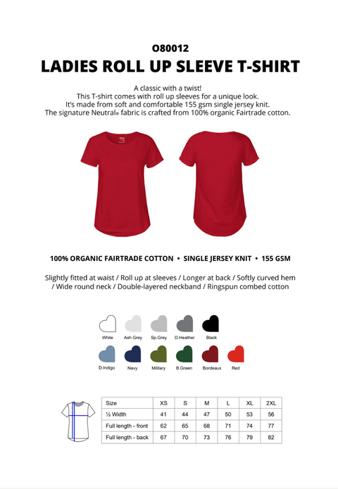 FAIRTRADE ORGANIC LADIES ROLL UP SLEEVE T-SHIRT NEUTRAL® O80012