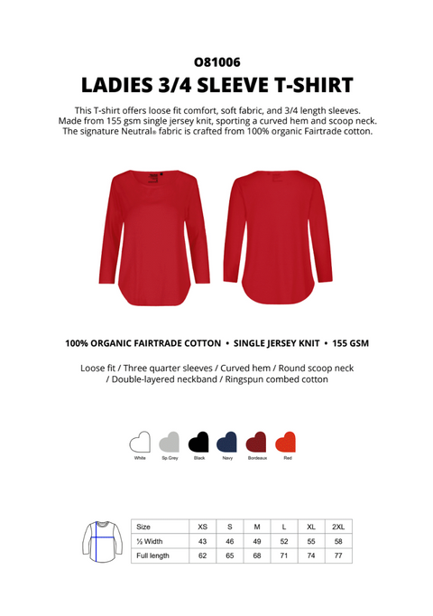 FAIRTRADE ORGANIC LADIES 3/4 SLEEVE T-SHIRT NEUTRAL® O81006