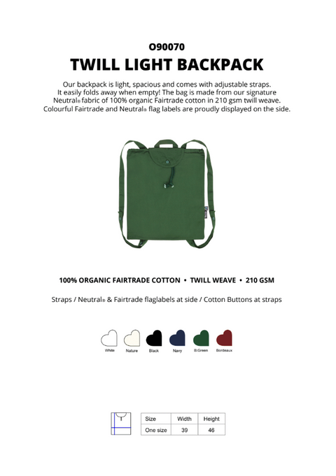 FAIRTRADE ORGANIC O90070 TWILL LIGHT BACKPACK NEUTRAL®
