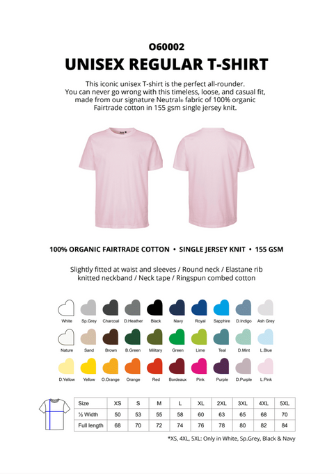 FAIRTRADE ORGANIC UNISEX REGULAR T-SHIRT NEUTRAL® O60002